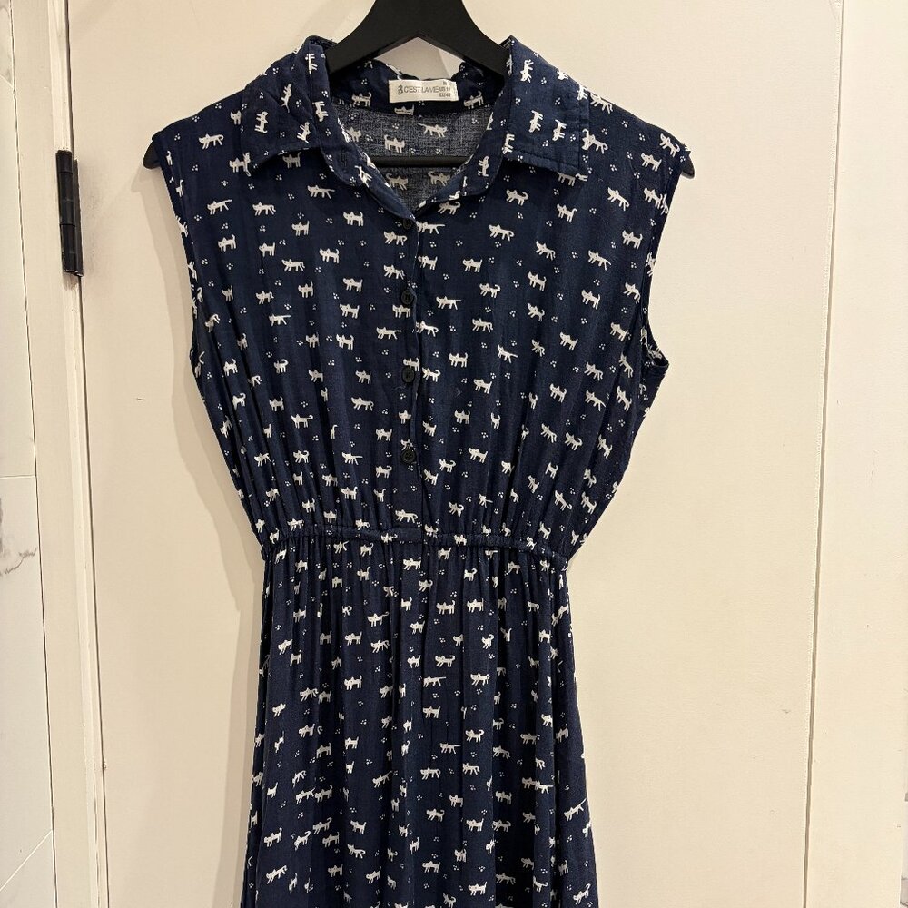 C'Est La Vie cat-print twee collared tunic dress